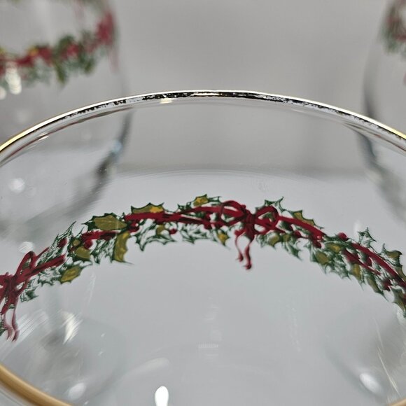 4 Libbey Ribbon Holly Goblets 7.5" water wine gold rim festive holiday Christmas - Picture 11 of 14